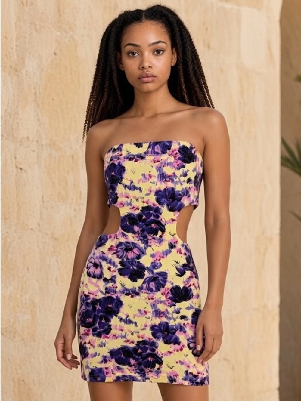 Supre Y2K Floral Cutout Strapless Bodycon Mini Dress Purple Yellow M